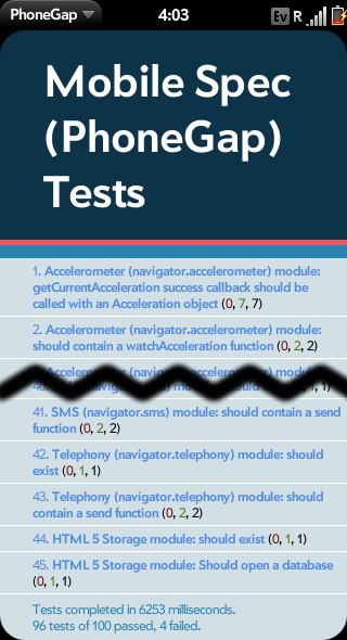 mobspec-palm PhoneGap mobile spec results on Palm Pre
