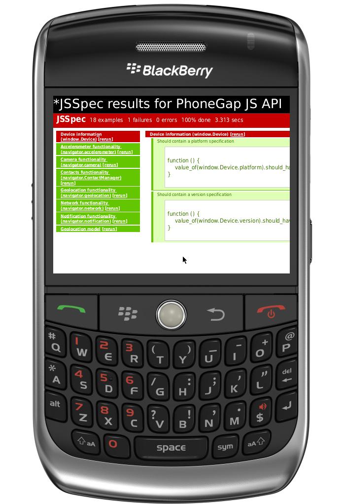 Mobile Spec running on a BlackBerry simulator